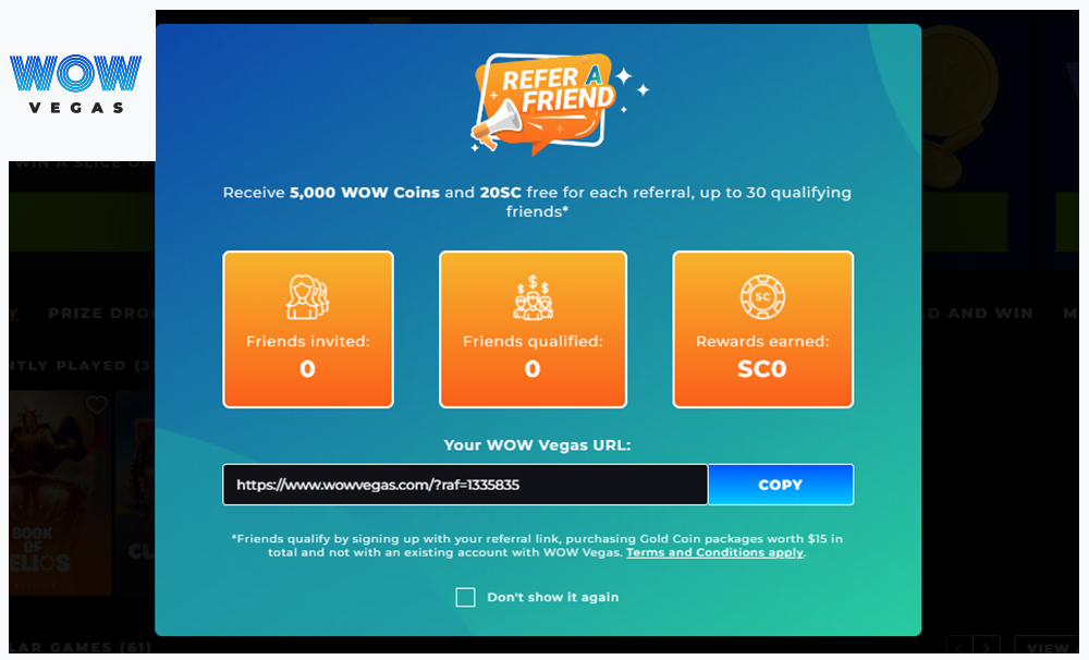 Screenshot showcasing the refer a friend bonus at Wow Vegas.