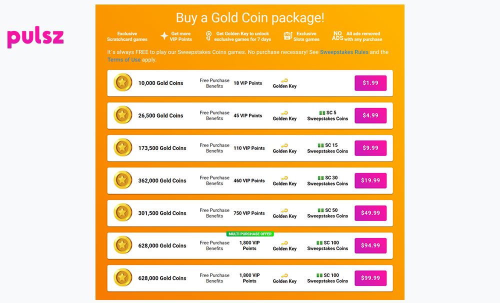 Screenshot of the Gold Coin package at Pulsz
