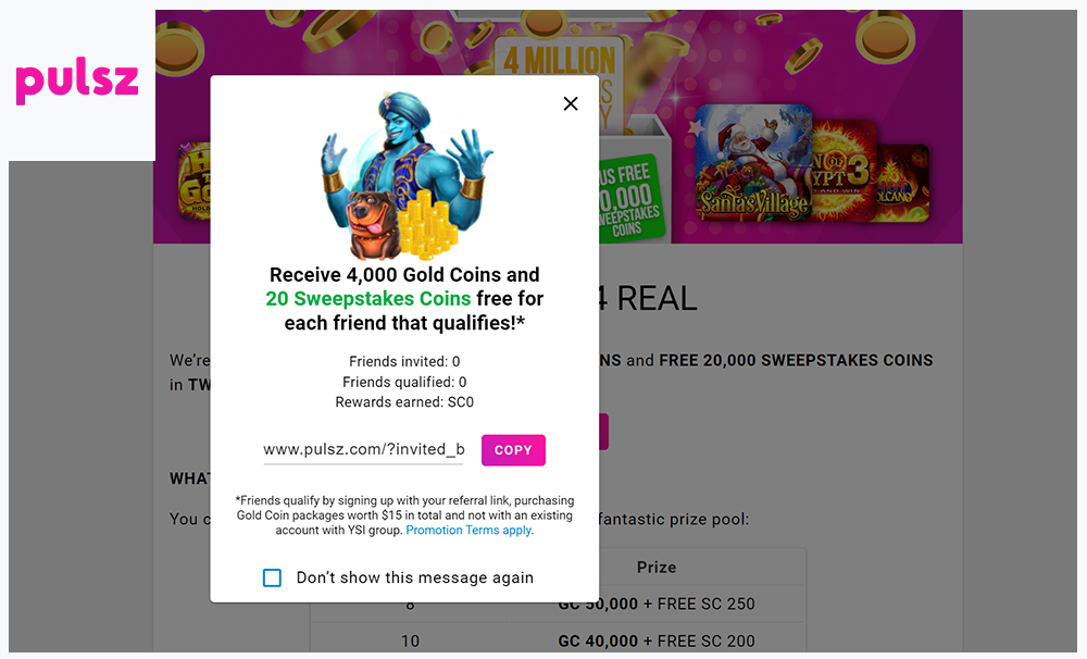 Here’s a screenshot showcasing the refer-a-friend bonus at Pulsz 2.