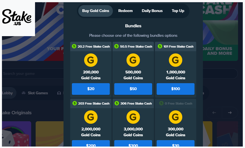 Before you can begin playing at Stake.us Casino, you must purchase a coin package. This process can only take place after you have registered with Stake.us. While you can enjoy free games at this social casino without any purchases, real-money games require you to acquire coins.